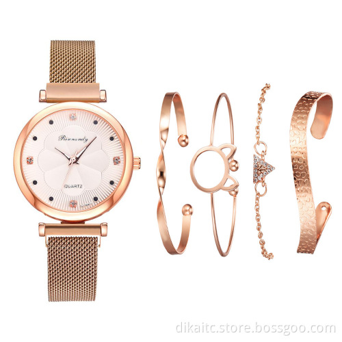 5 pcs Fashion Women Watch Gift Set Fine Rose Gold Bracelet Quartz Watch Sets For Girls Casual Stainless Steel Mesh Wristwatch